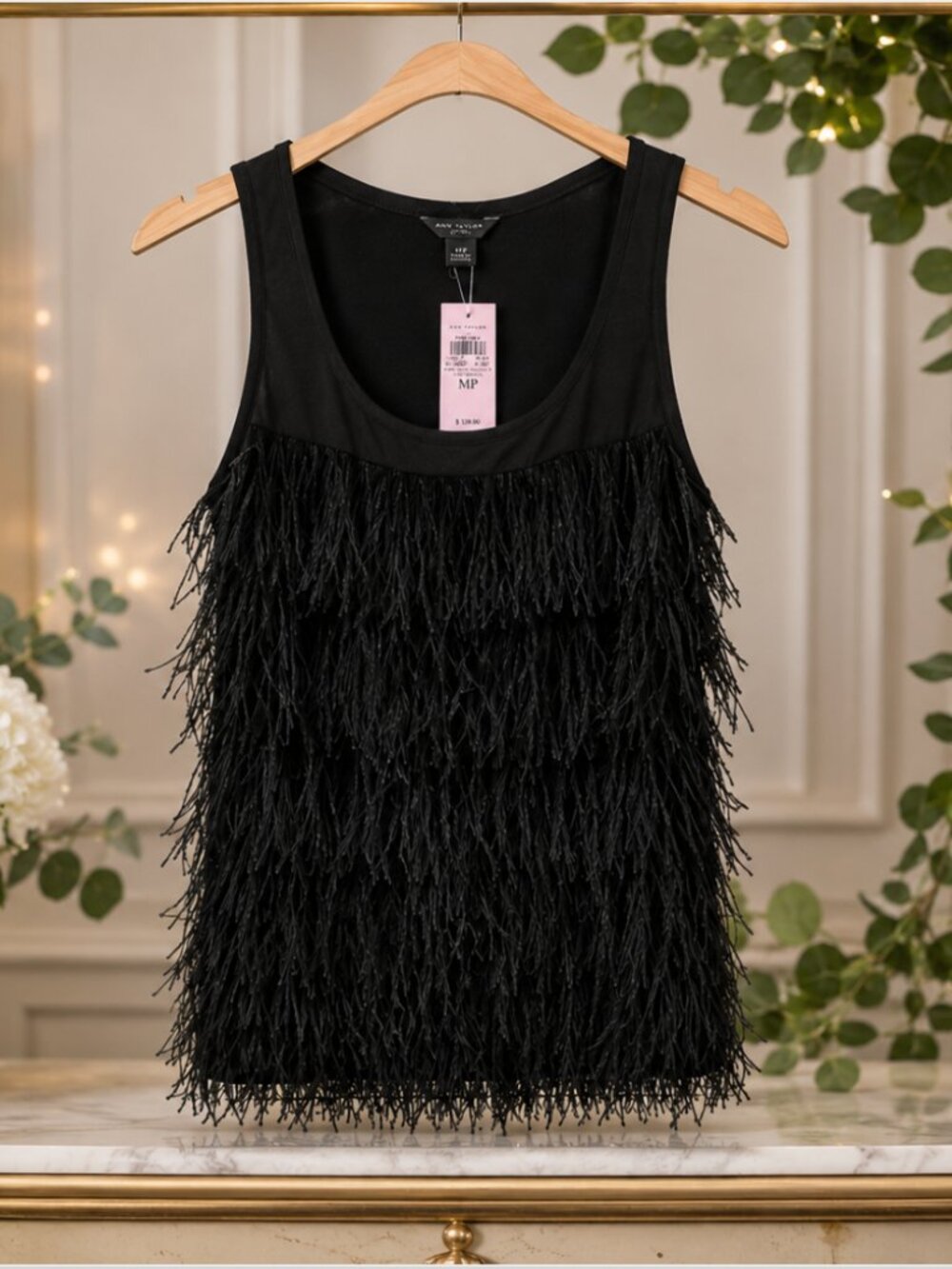 Ann Taylor Whisper Tank Top – Black Ostrich Feather Trim – Petite Medium (MP)